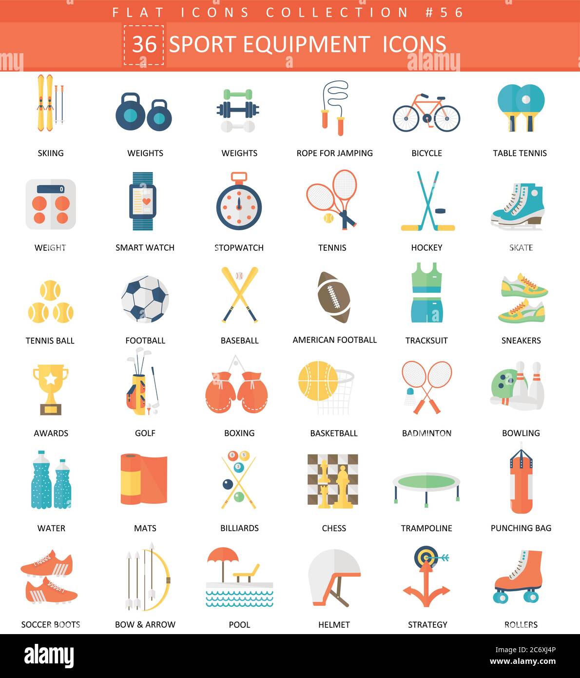 Vector Sport Ausrüstung Farbe flach Icon Set. Elegantes Design Sport Ausrüstung Web-Symbol Stock Vektor