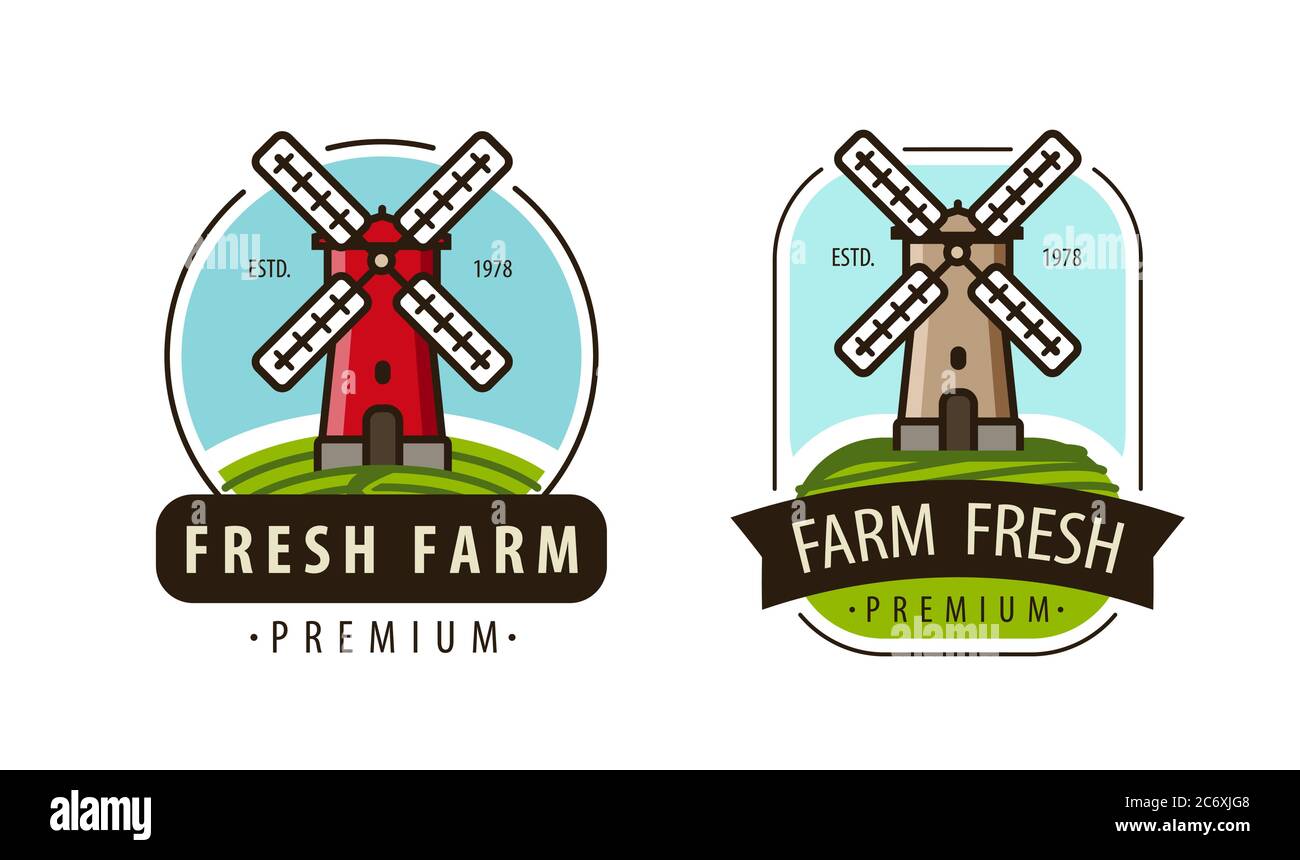 Farm Fresh Logo oder Etikett. Landwirtschaft, Windmühle Vektor Illustration Stock Vektor