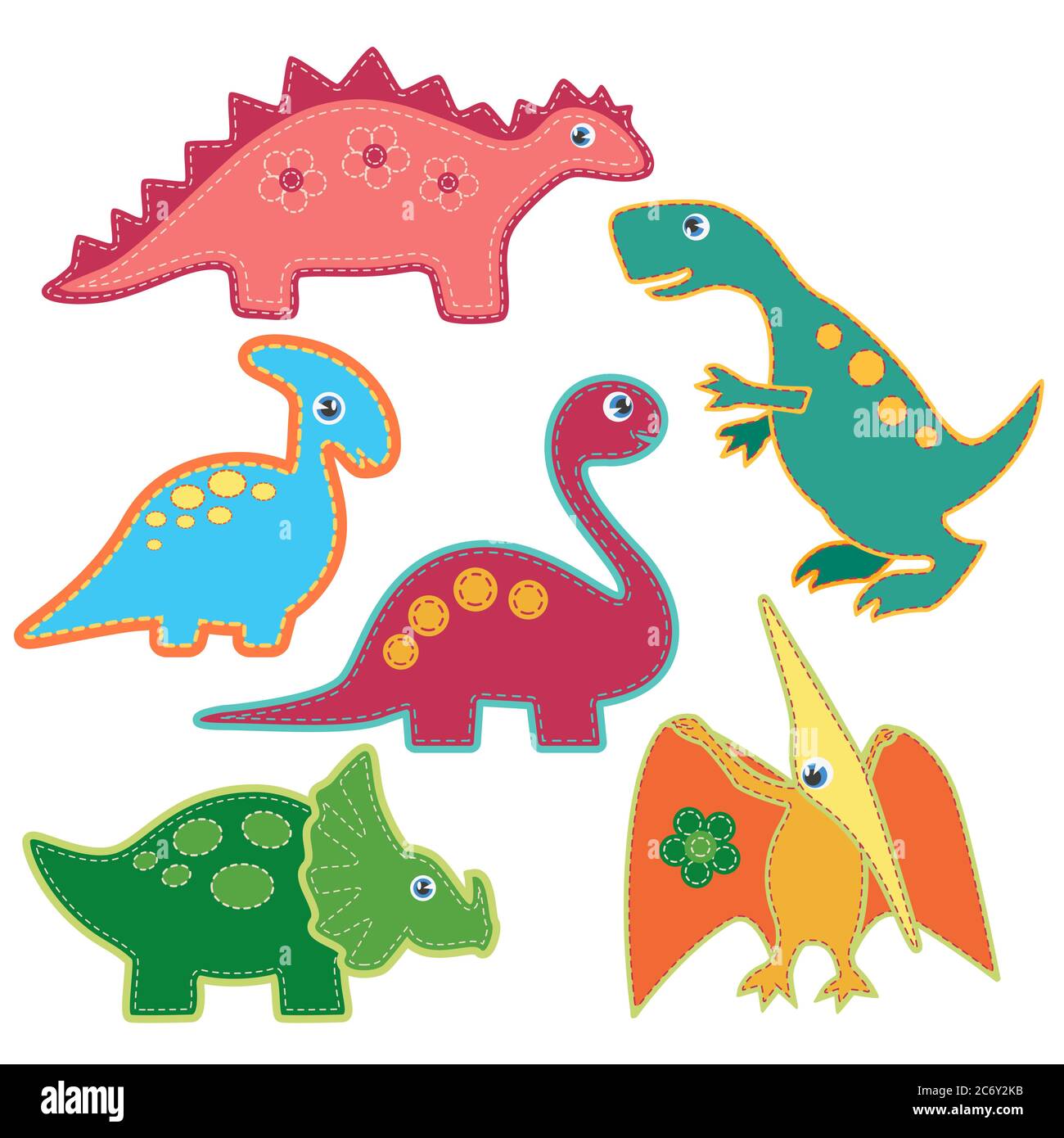 Das Set von niedlichen hellen Dinosaurier Patches Vektor-Illustration. Dino-Stil aus Pappe Stock Vektor