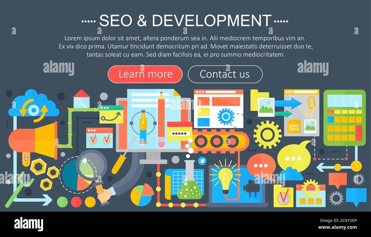 SEO und Entwicklung Konzept Design Infografiken Template Design, Web-Header seo Icons Elemente. Vektorgrafik Stock Vektor