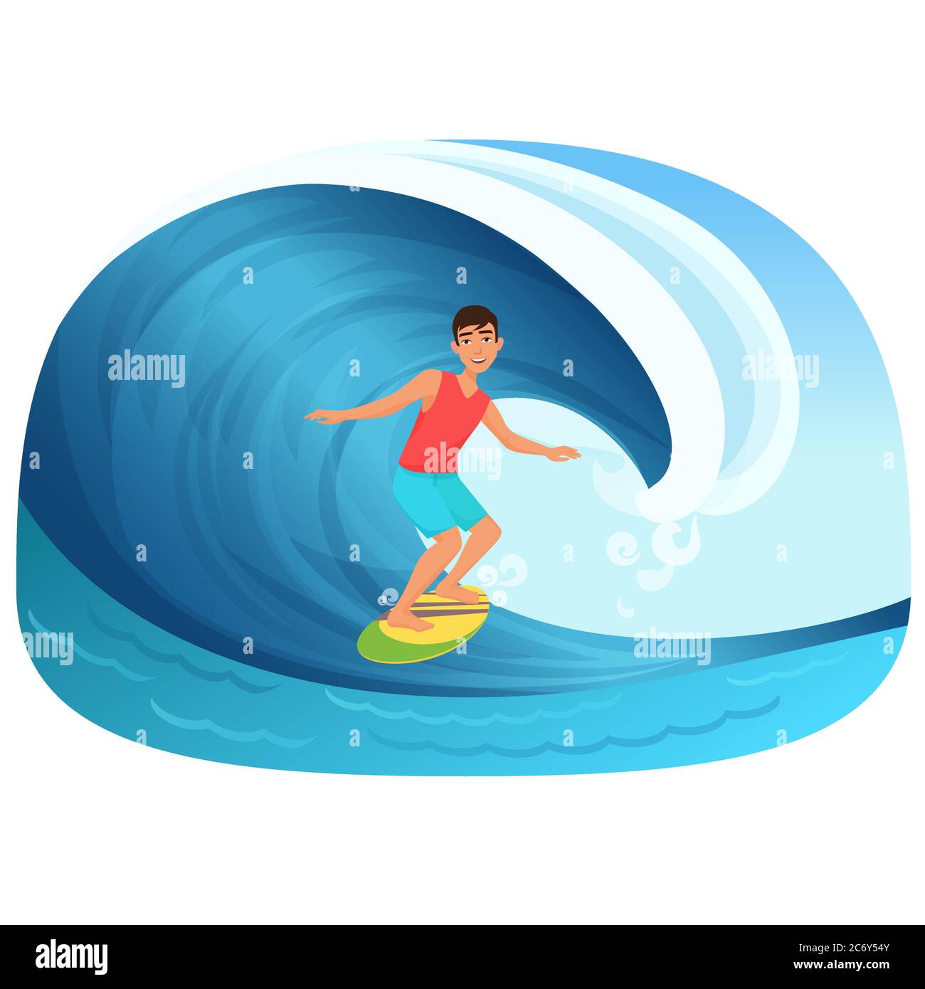 Junger Mann auf einem Surfbrett im Wellenvektor illustrartion Stock Vektor