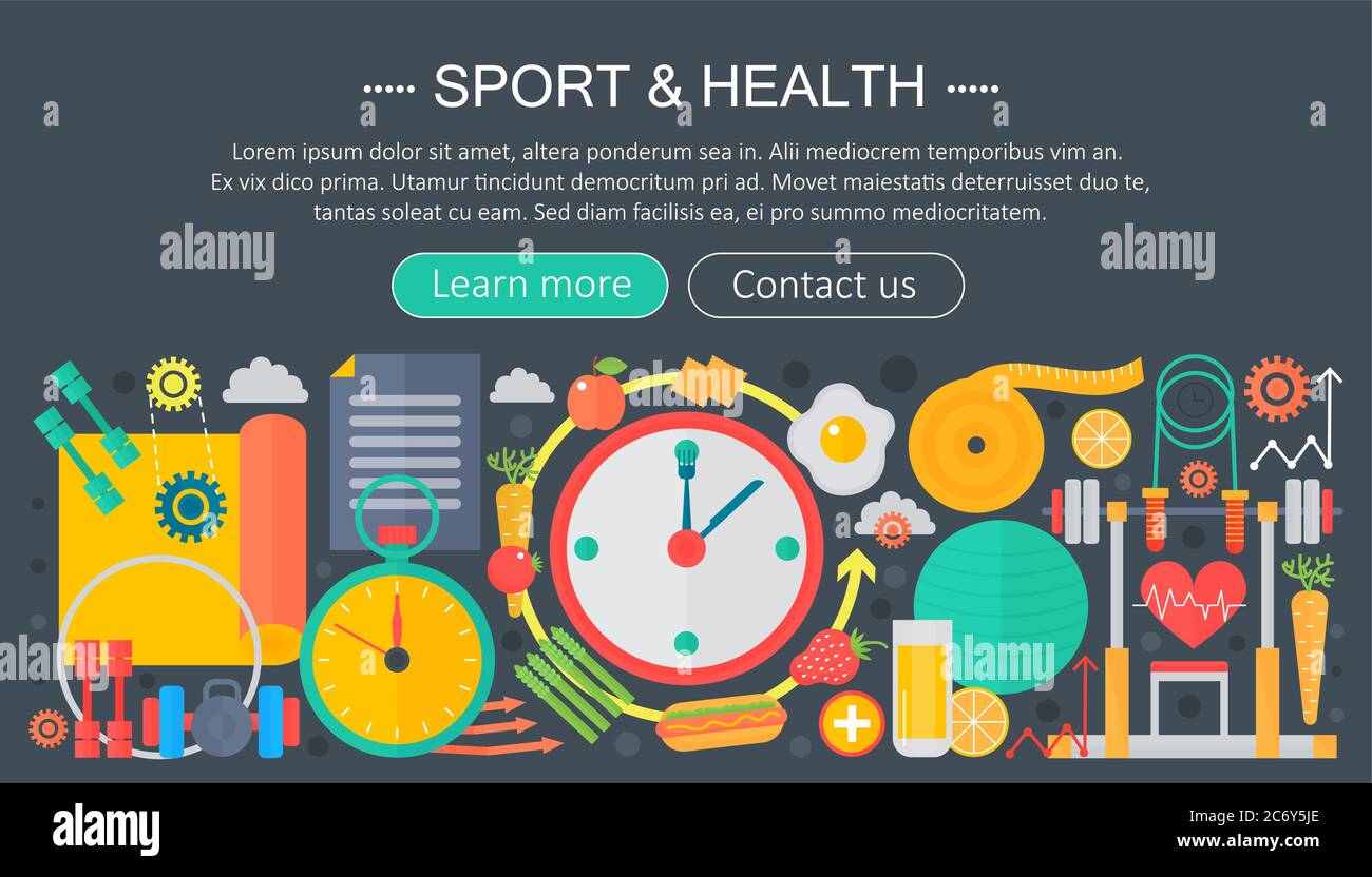Gesundes Lifestyle-Konzept mit Food und Sport-Icons. Sport und Fitness flach Konzept Infografiken Header Template Design. Vektorgrafik Stock Vektor
