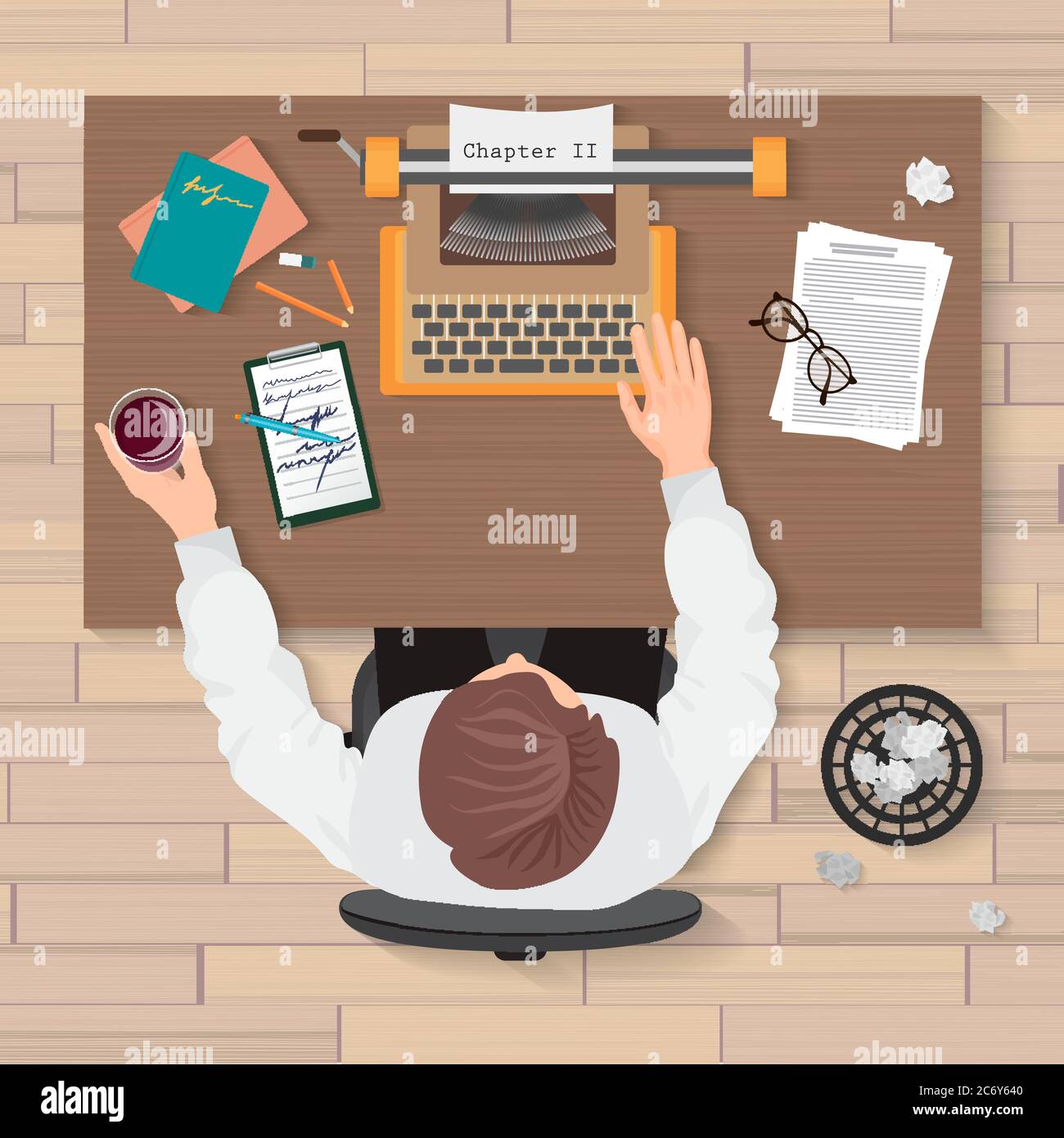 Arbeitsplatz des Autors. Draufsicht auf Mann Schriftsteller arbeiten an Schreibmaschine im Haus oder Büro. Schreibmaschine Schreibmaschine Top Konzept Stock Vektor
