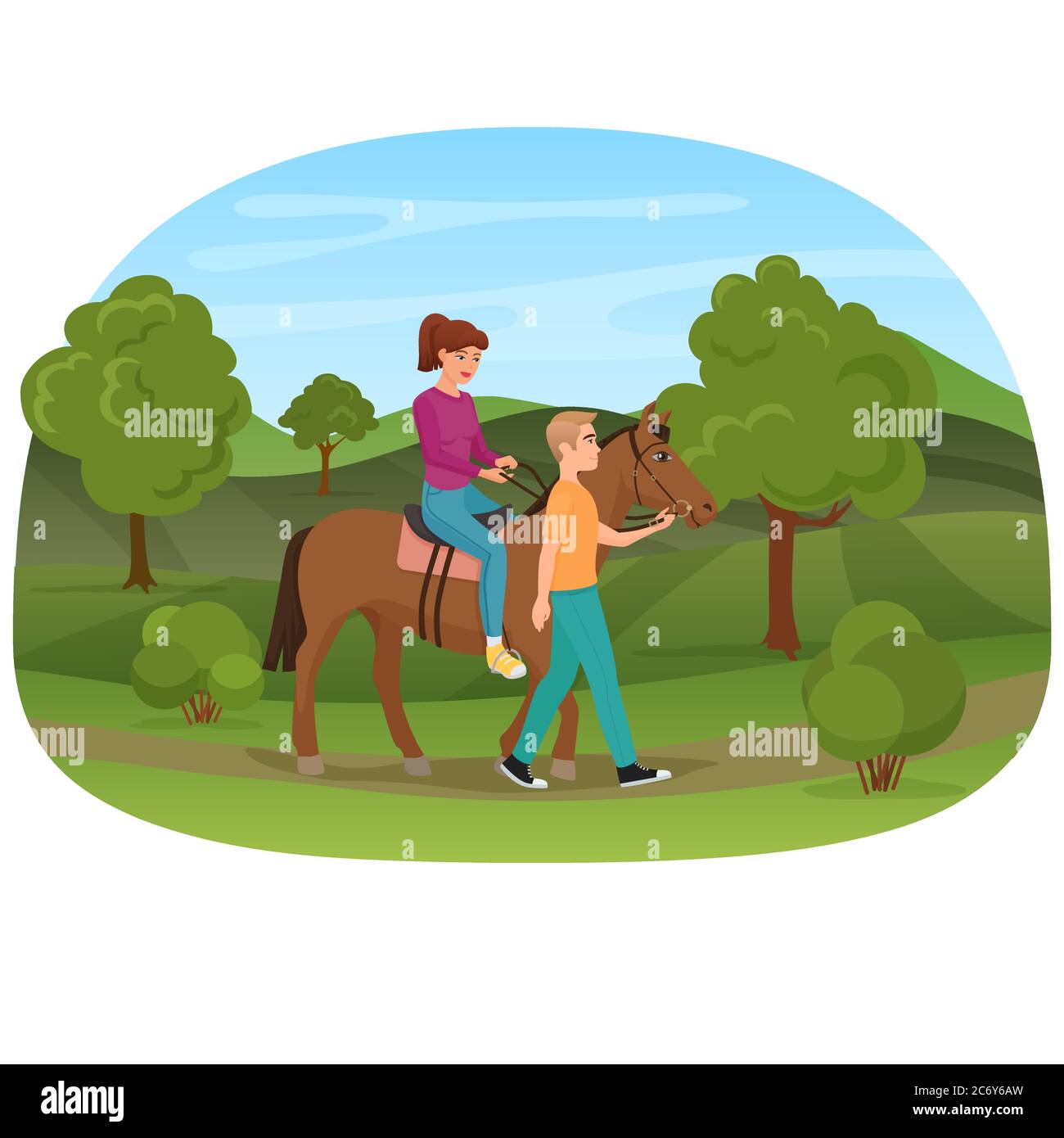 Mann, der das Pferd mit der Frau reitet auf ihm Vektor-Illustration Stock Vektor