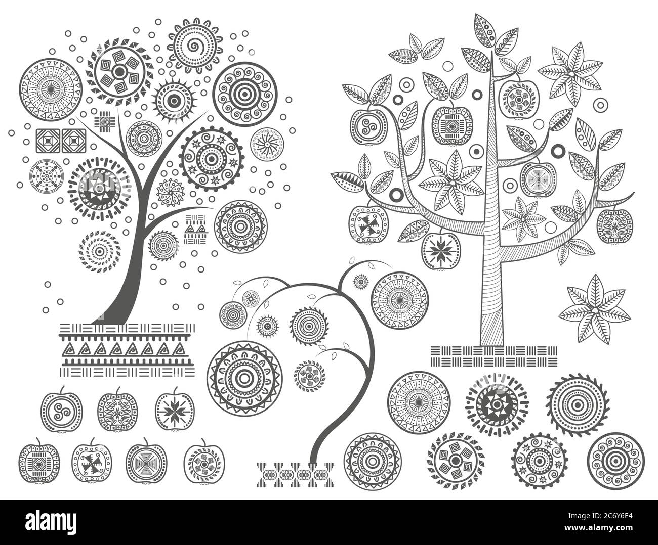 Ornament BaumeDie Blätter und Zierkreise auf der Baum-Vektor-Illustration. Azteken Maya alten Zivilisationen Ornamente Stock Vektor