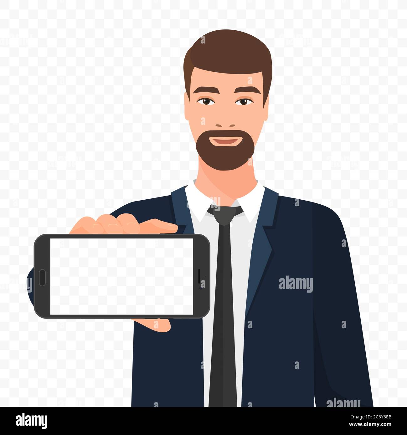 Bärtiger Geschäftsmann zeigt die leere Smartphone-Bildschirm Vektor-Illustration. Telefonbildschirm Alpha transperant Hintergrund Stock Vektor