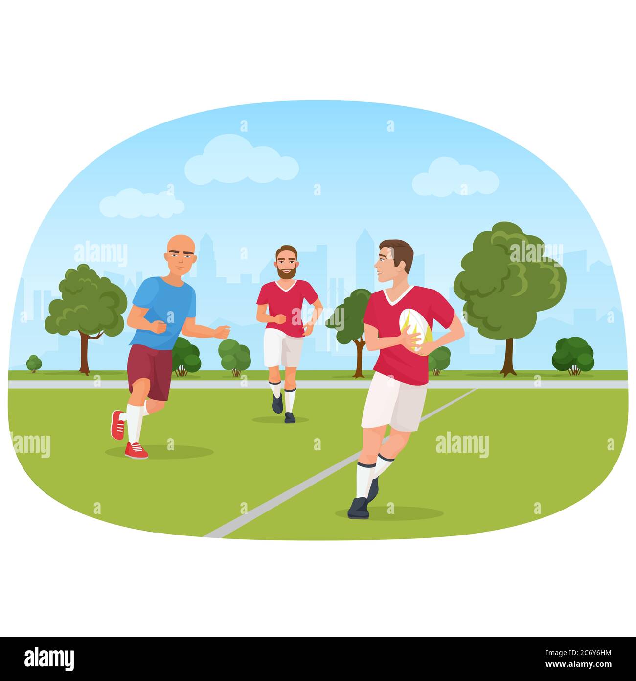 Vektordarstellung der sportlichen Menschen, die Rugby auf dem Rasen spielen Stock Vektor