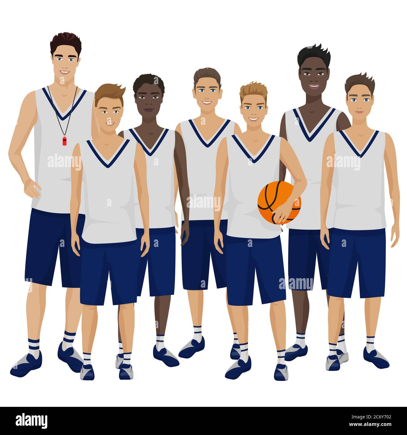 Vektor-Illustration der jungen Basketballspieler-Team mit Trainer Trainer trägt die Uniform Stock Vektor