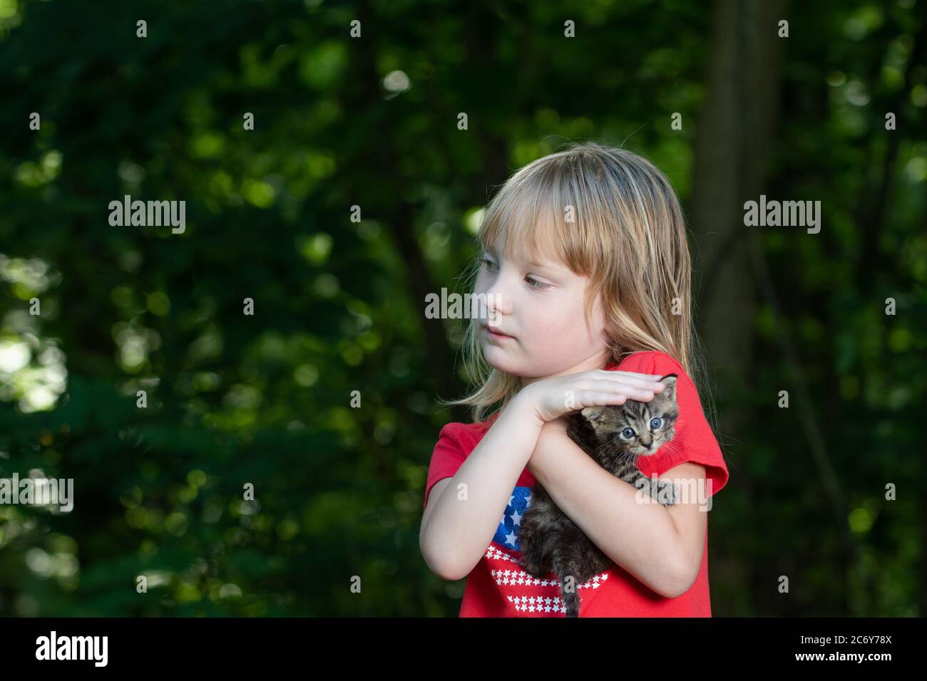 Ein fünfjähriges Mädchen, das im Sommer ein tabby Kätzchen im Freien mit Bäumen im Hintergrund hält. Stockfoto