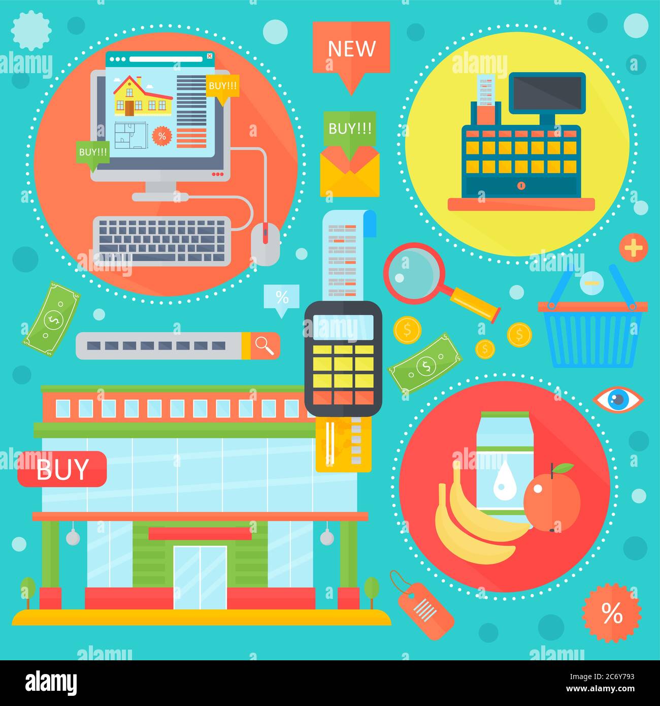 Online-Shopping, Mobile Marketing und digitales Marketing Infografiken Vorlage Icons in Kreisen Design, Web-Header E-Commerce-Icons. Vektorgrafik Stock Vektor Online-Shopping, Mobile Marketing und digitales Marketing Infografiken Vorlage Icons in Kreisen Design, Web-Header E-Commerce-Icons. Vektorgrafik Stock Vektor