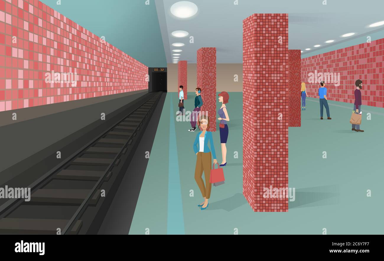 Horizontale Vektordarstellung der Menschen, die in der U-Bahn stehen und auf einen Zug warten Stock Vektor