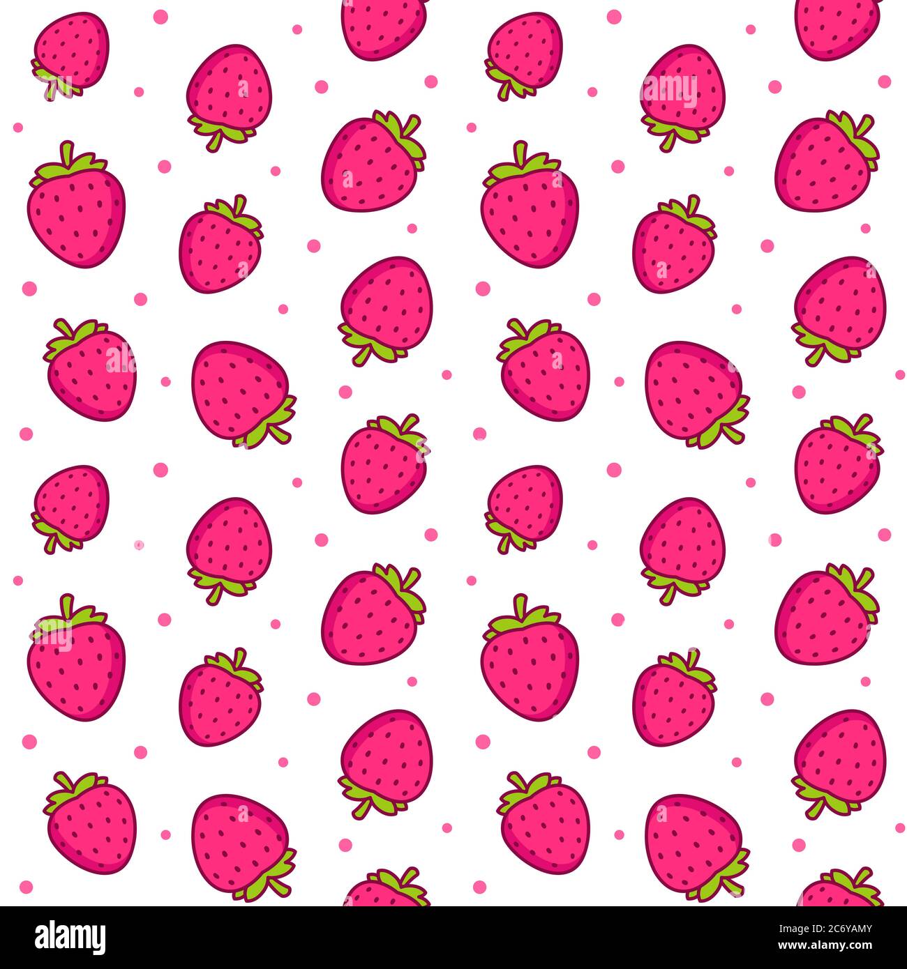 Niedliche Cartoon Erdbeere Muster. Nahtlose Textur von Erdbeeren und rosa Tupfen auf weißem Hintergrund. Vektorgrafik Clip Art Illustration. Stock Vektor