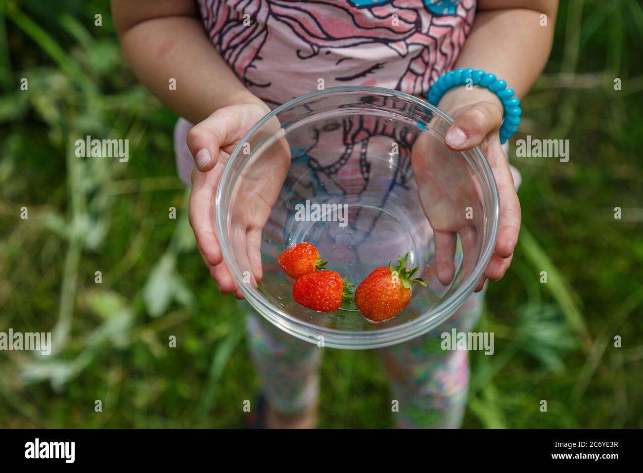 Young Girl Holding Teller mit Erdbeeren auf Grrenery Stockfoto