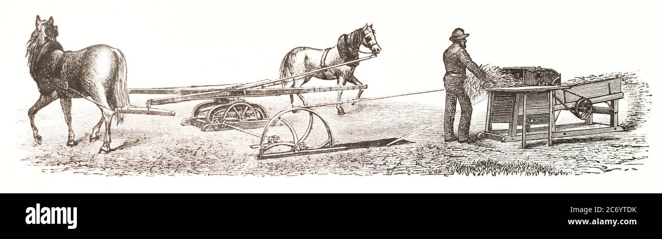 Pferdebetriebenes Dreschwerk für die Getreideverarbeitung. Gravur des 19. Jahrhunderts. Stockfoto