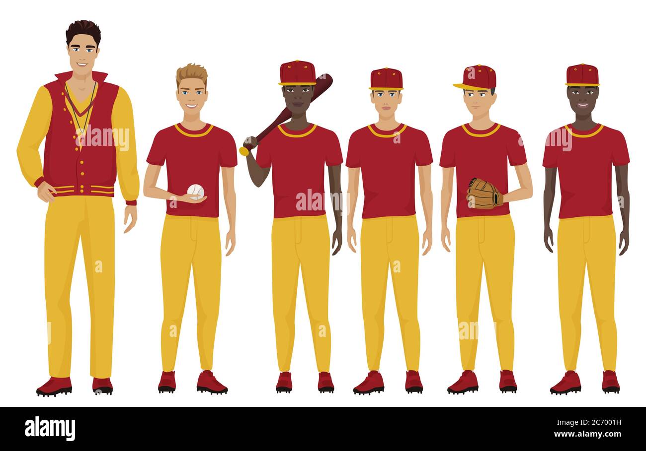 Vektor-Illustration der jungen Baseball-Spieler-Team mit Trainer Trainer trägt die Uniform Stock Vektor