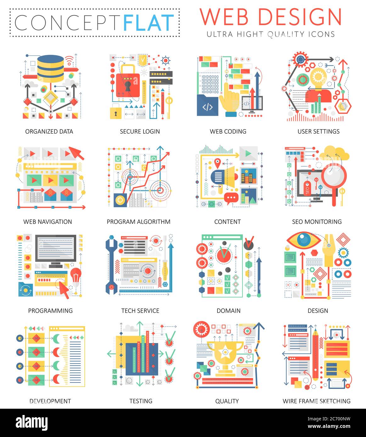 Infografiken Mini Konzept Webdesign Icons und digitales Marketing für Web. Premium-Qualität Farbe konzeptionelle flache Design Web-Grafiken Symbole. Web App Design ui Technologie Konzepte Stock Vektor