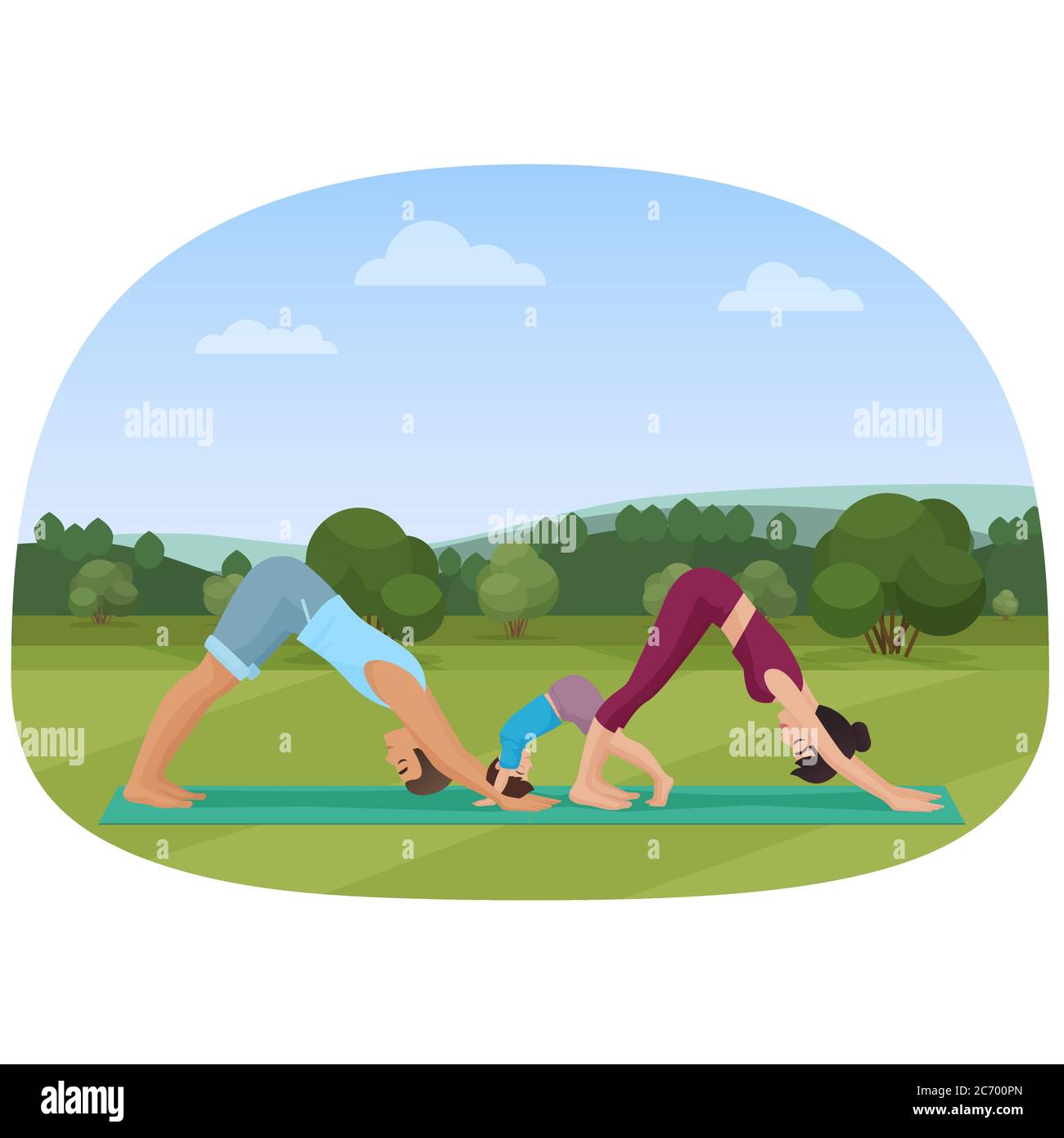 Eltern mit Kind macht Yoga verschiedene Übungen. Familien Yoga Vektor Illustration Stock Vektor