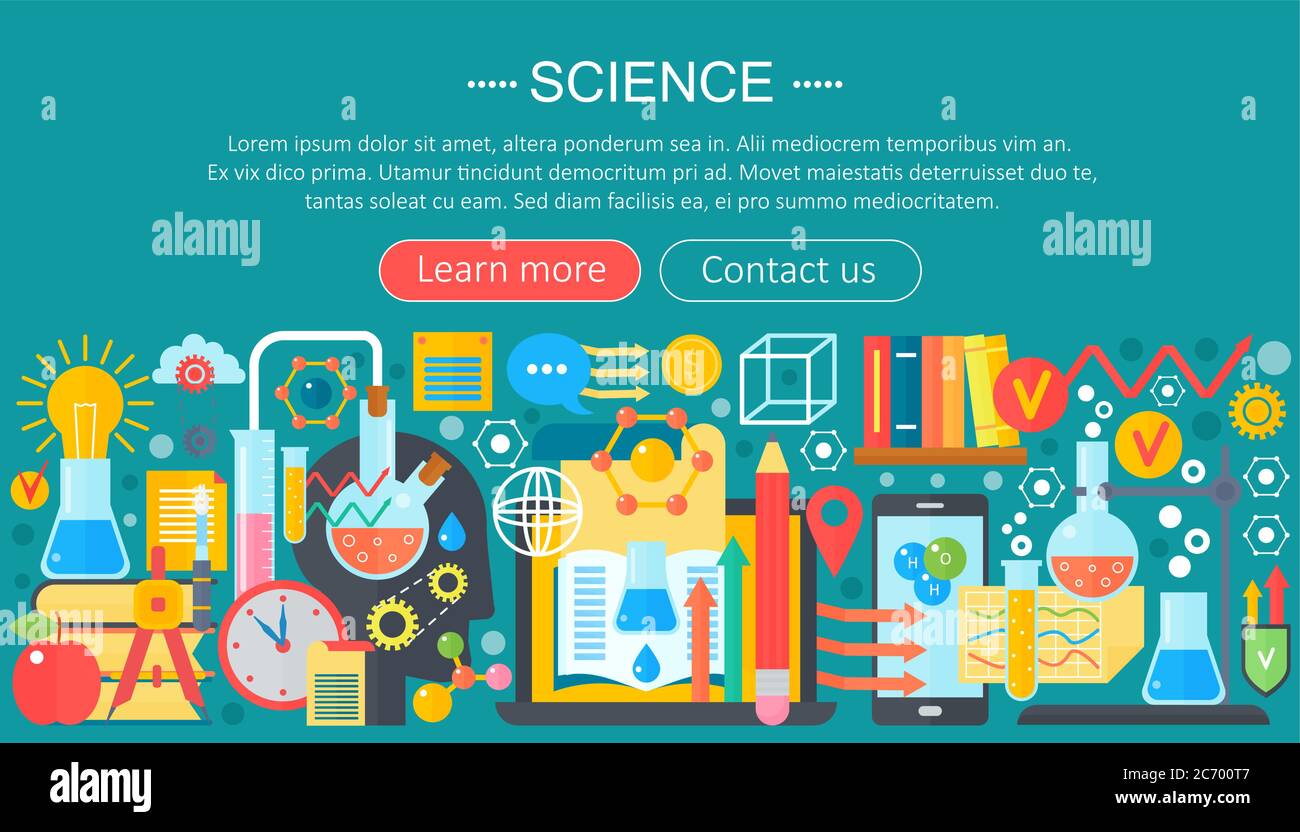 Flaches Design Konzept der Wissenschaft. Horizontales Banner mit Laborarbeitsplatz für Wissenschaftler. Wissenschaftliche Forschung Experiment Infografiken Template Design, Web-Header-Icons Elemente.Vektor-Illustration Stock Vektor