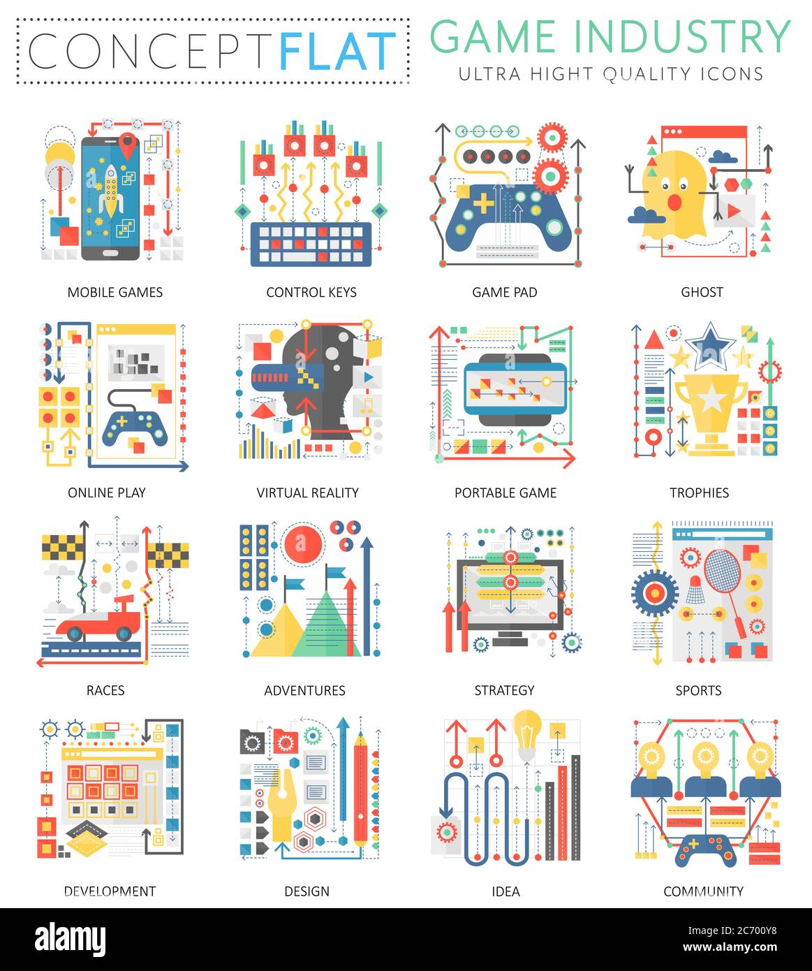 Infografiken Mini Konzept Spiel Industrie-Icons für Web. Premium-Qualität Farbe konzeptionelle flache Design Web-Grafiken Symbole Elemente. Konzepte der Spieleindustrie Stock Vektor