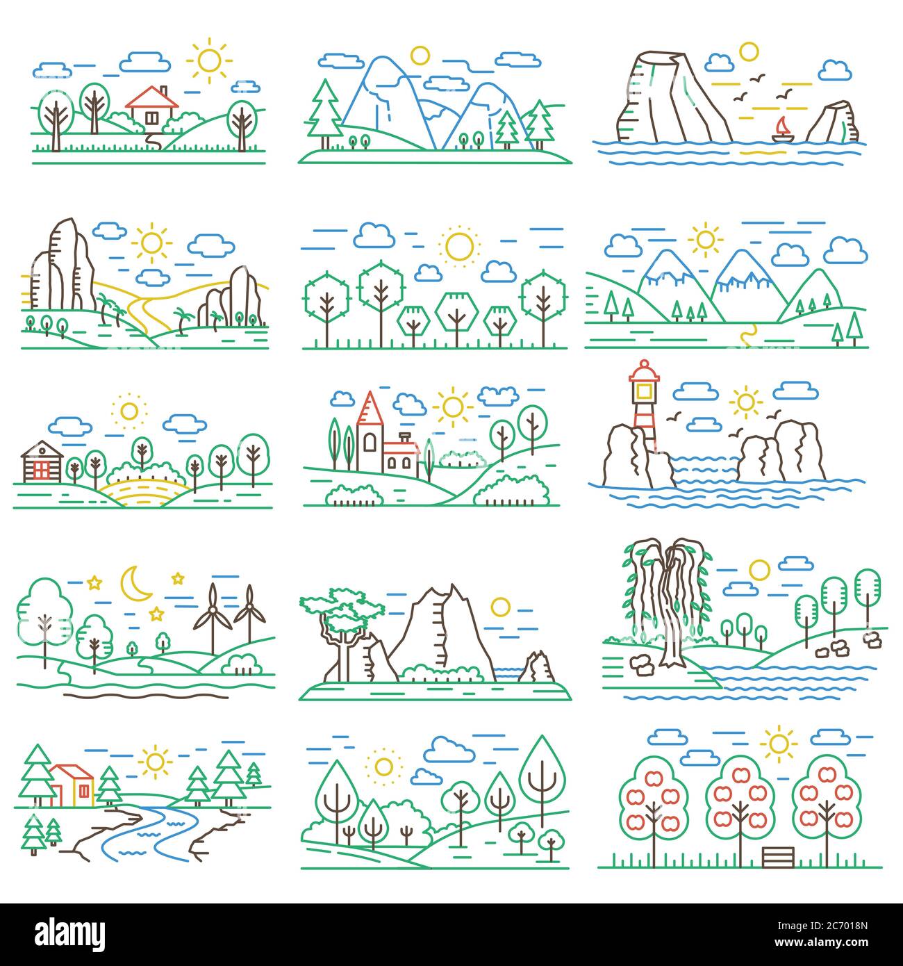 Natur Farbe Linie Landschaften mit Bergen, Waldfelder und Fluss. Illustration Stockfoto