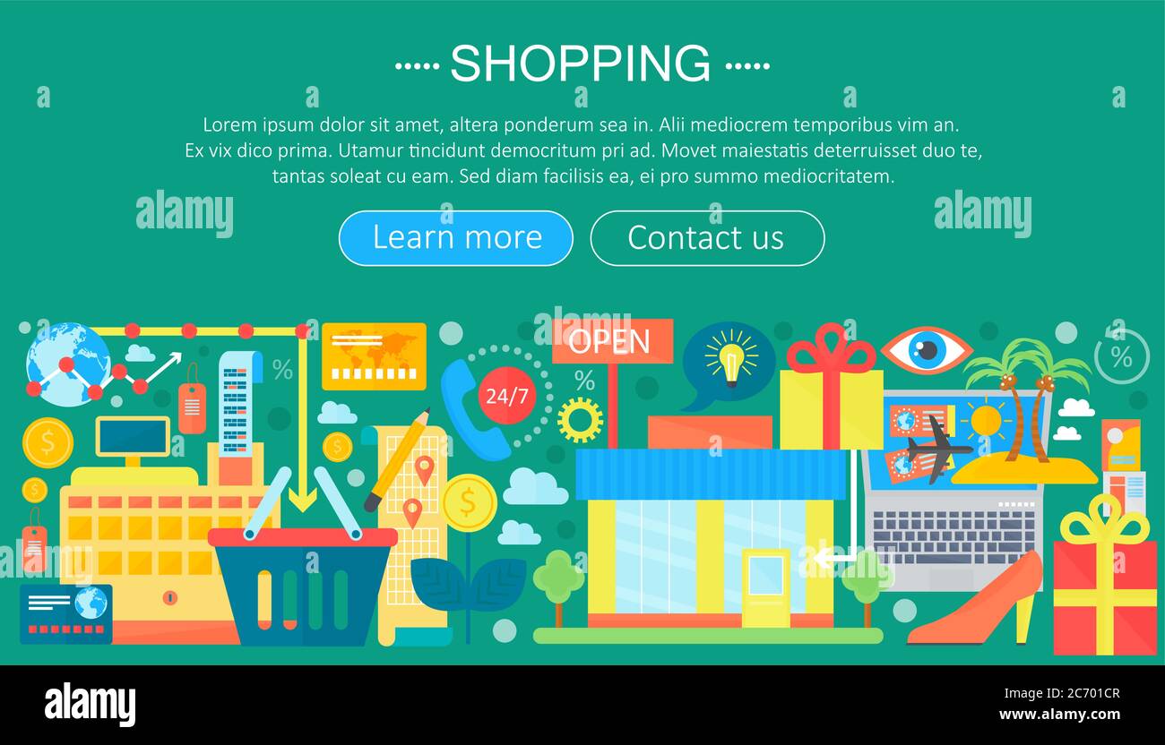 Shopping Online und E-Commerce Shopping Konzept. Online E-Commerce Infografiken Vorlage Design, Web-Header Shopping Icons Elemente. Vektorgrafik Stock Vektor