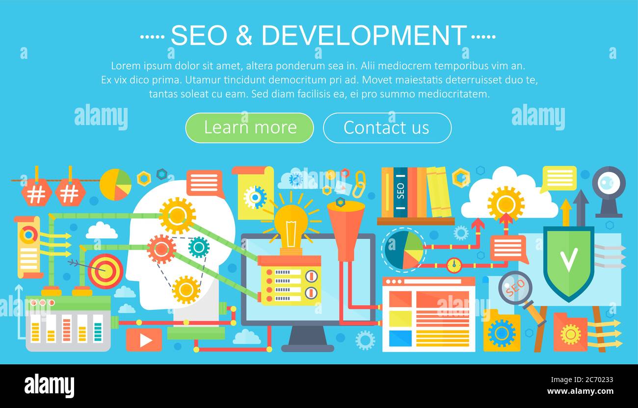 SEO und Entwicklung Konzept Design Infografiken Template Design, Web-Header seo Icons Elemente. Vektorgrafik Stock Vektor