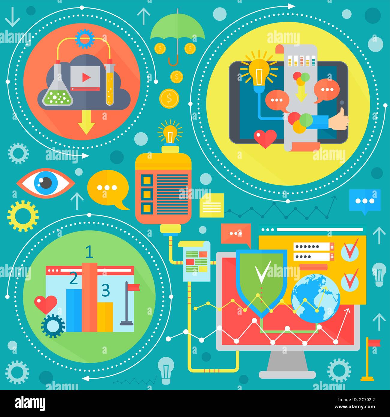 Web-Design und Handy-Dienste Apps flat Konzept. Symbole für Webdesign, Entwicklung von Webanwendungen. Programmierung Infografiken Vorlage Design. Vektorgrafik Stock Vektor