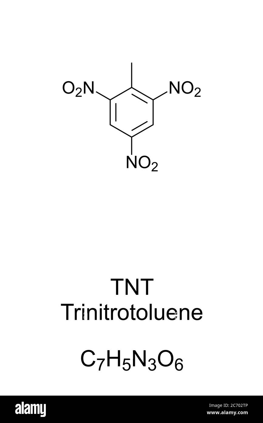 TNT, Trinitrotoluene chemische Struktur und Formel. 2,4,6-Trinitrotoluol, eine chemische Verbindung und gelber Feststoff, als explosives Material bekannt. Stockfoto