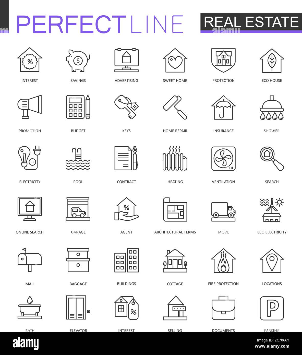 Real Estate Thin Line Web-Icons gesetzt. Design mit Umrisssymbole Stock Vektor