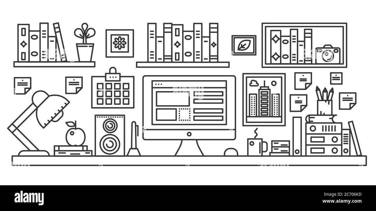 Linearer Bürotisch mit Computer-Arbeitsplatz und andere Ausstattung in Büro-Innenansicht. Vorlage für Thin-Line-Webbanner Stock Vektor