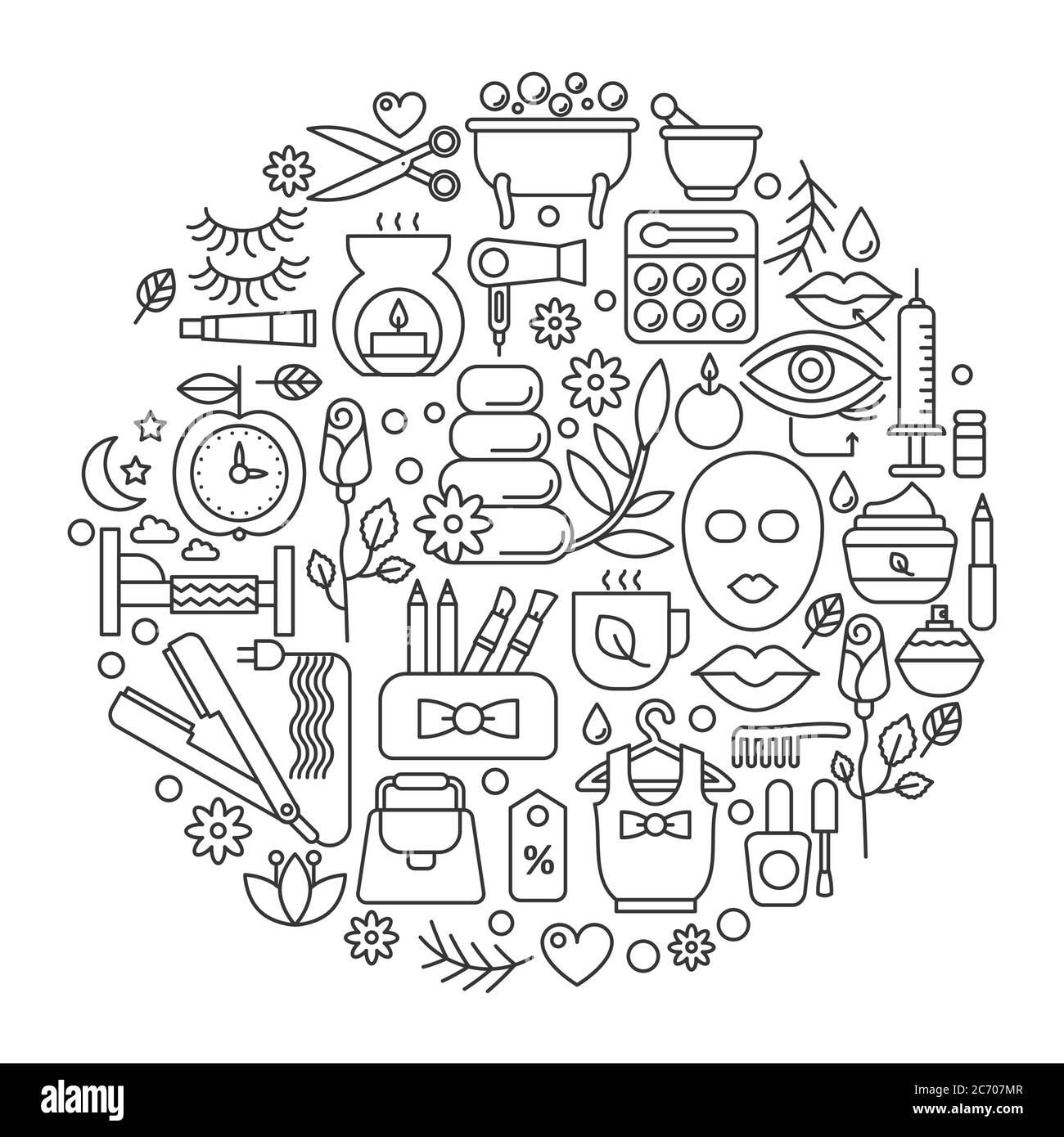 Beauty Kosmetik im Kreis - Konzept Linie Vektor Illustration für Cover, Emblem, Abzeichen. Friseursalon, Spa, Kosmetik dünne Linie Symbole gesetzt Stock Vektor