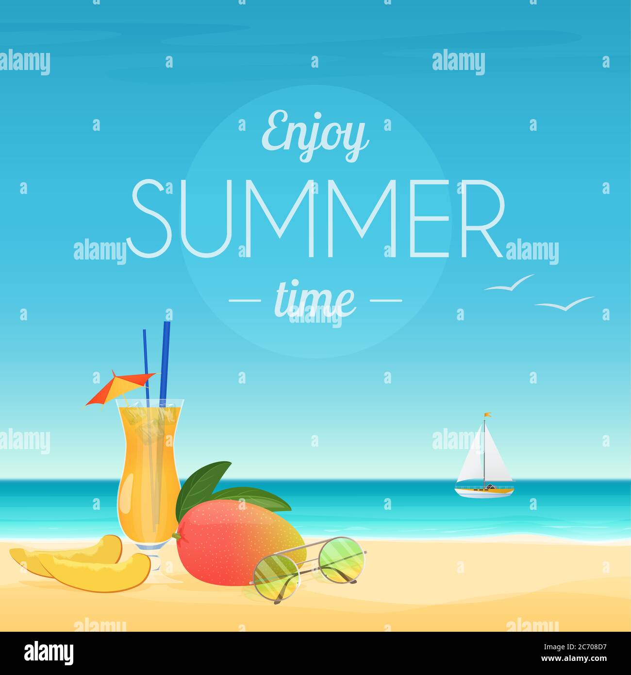 Sommer Vektor Illustration Poster von Cocktail und Mango mit Sonnenbrille am Meer mit genießen Sommer Zeit Worte Stock Vektor