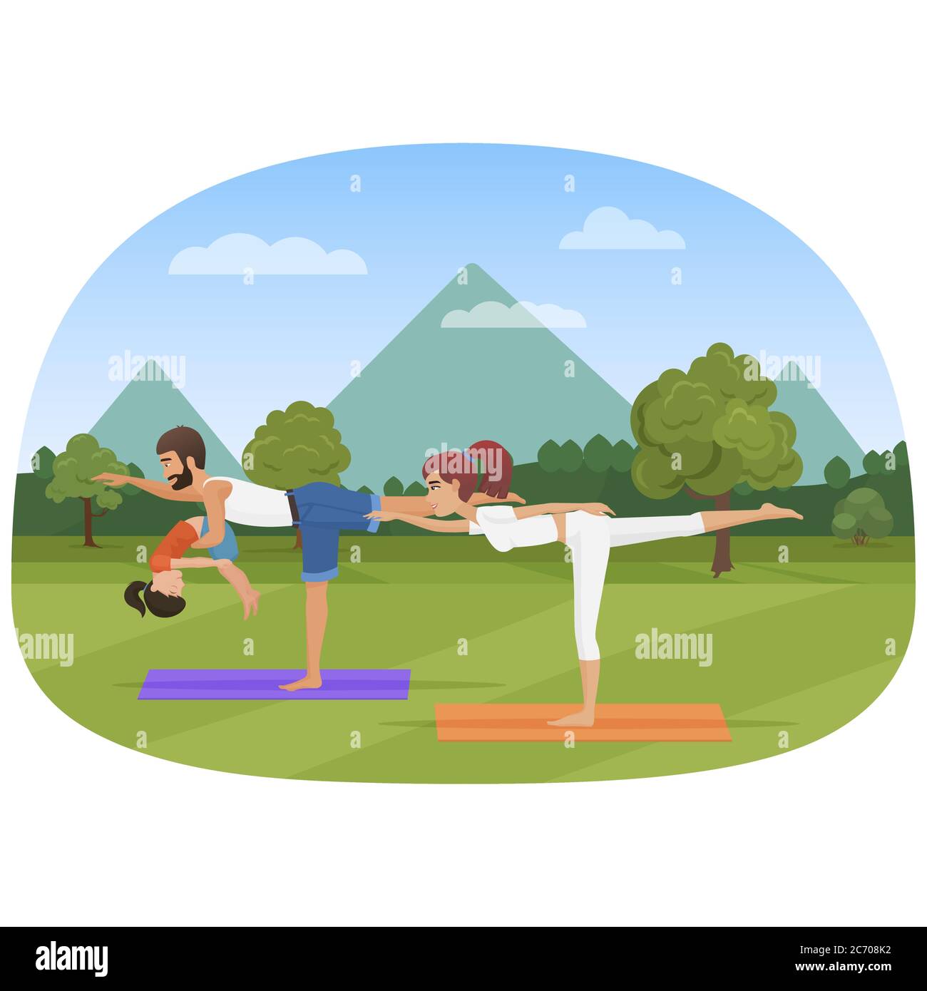 Eltern mit Kind macht Yoga verschiedene Übungen. Familien Yoga Vektor Illustration Stock Vektor