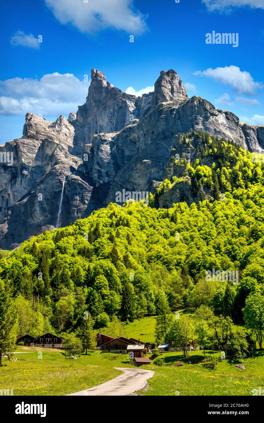 Cirque du Fer A Cheval klassifiziert Grand Site de France. Kalksteingipfel bei Sixt Fer a Cheval. Französische Alpen. Haute-Savoie. Auvergne-Rhone-Alpes Stockfoto