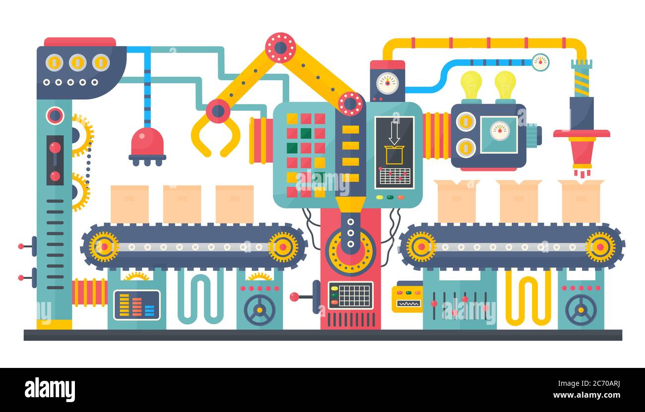 Flache Farbe industrielle Herstellung Fördermaschine Vektor Illustration. Geschäftsprodukt Prozess Produktionsprozess Konzept Stock Vektor