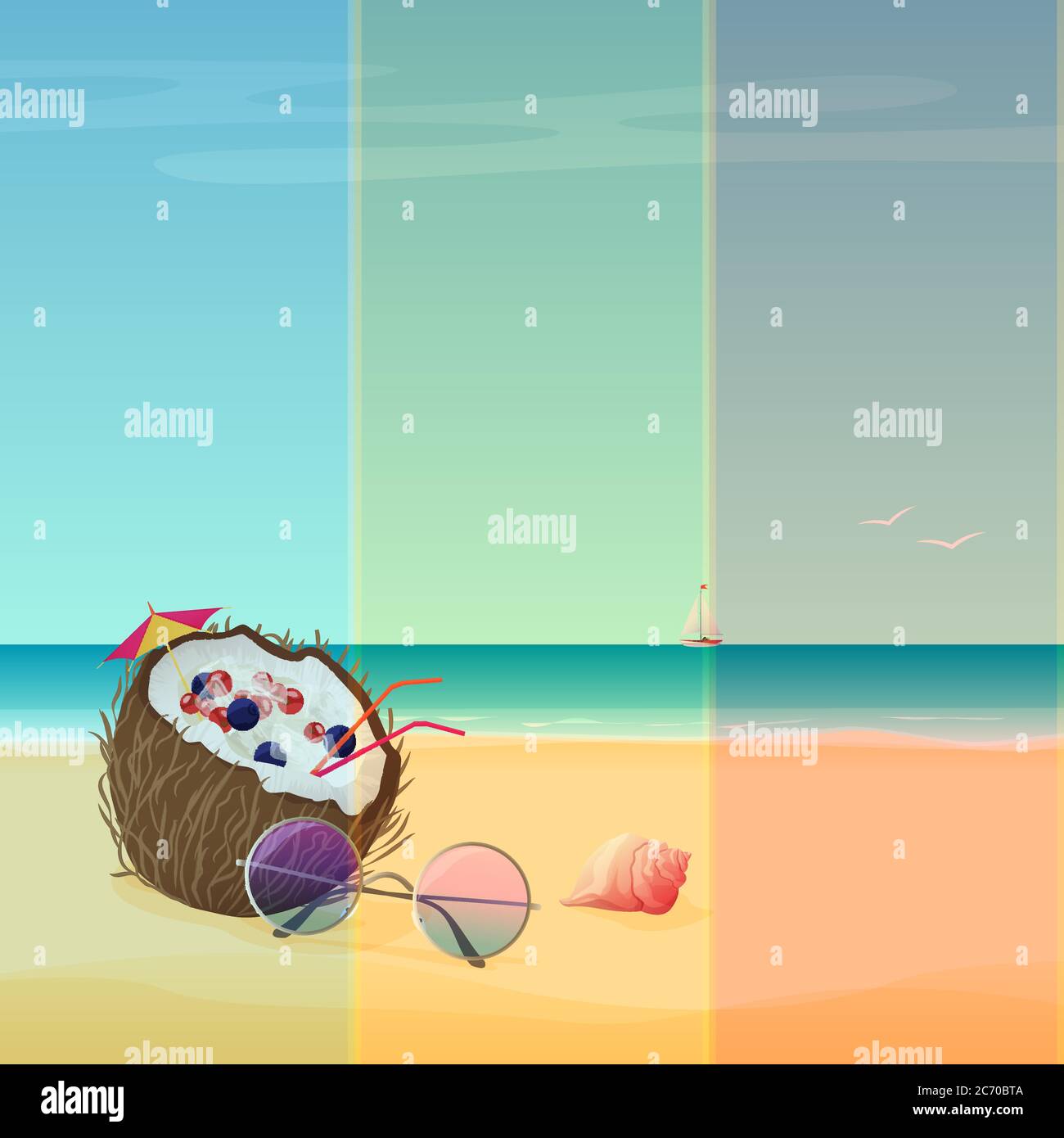 Vektor-Illustration des Cocktails in Kokosnuss mit Sonnenbrille und Muschel am Sandstrand. Stock Vektor