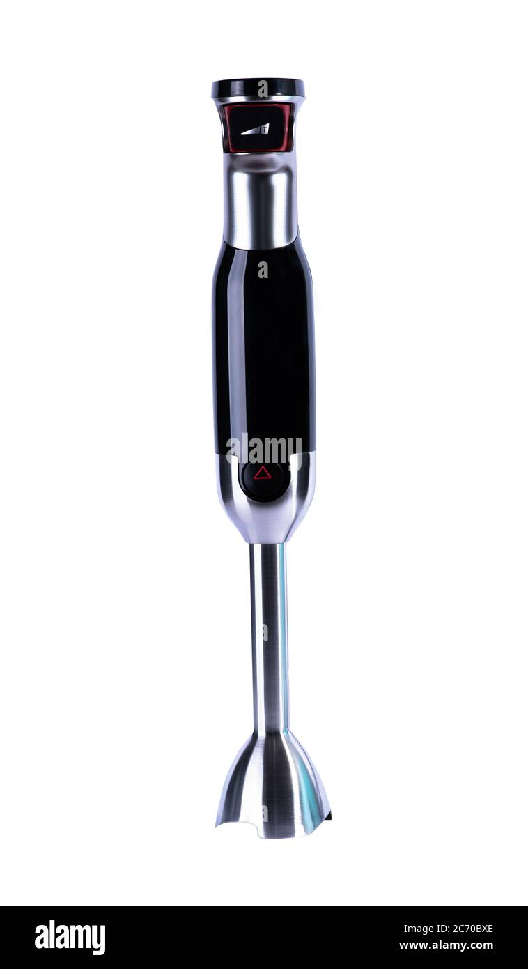 Schwarzer Stabmixer auf weißem Hintergrund. Stockfoto