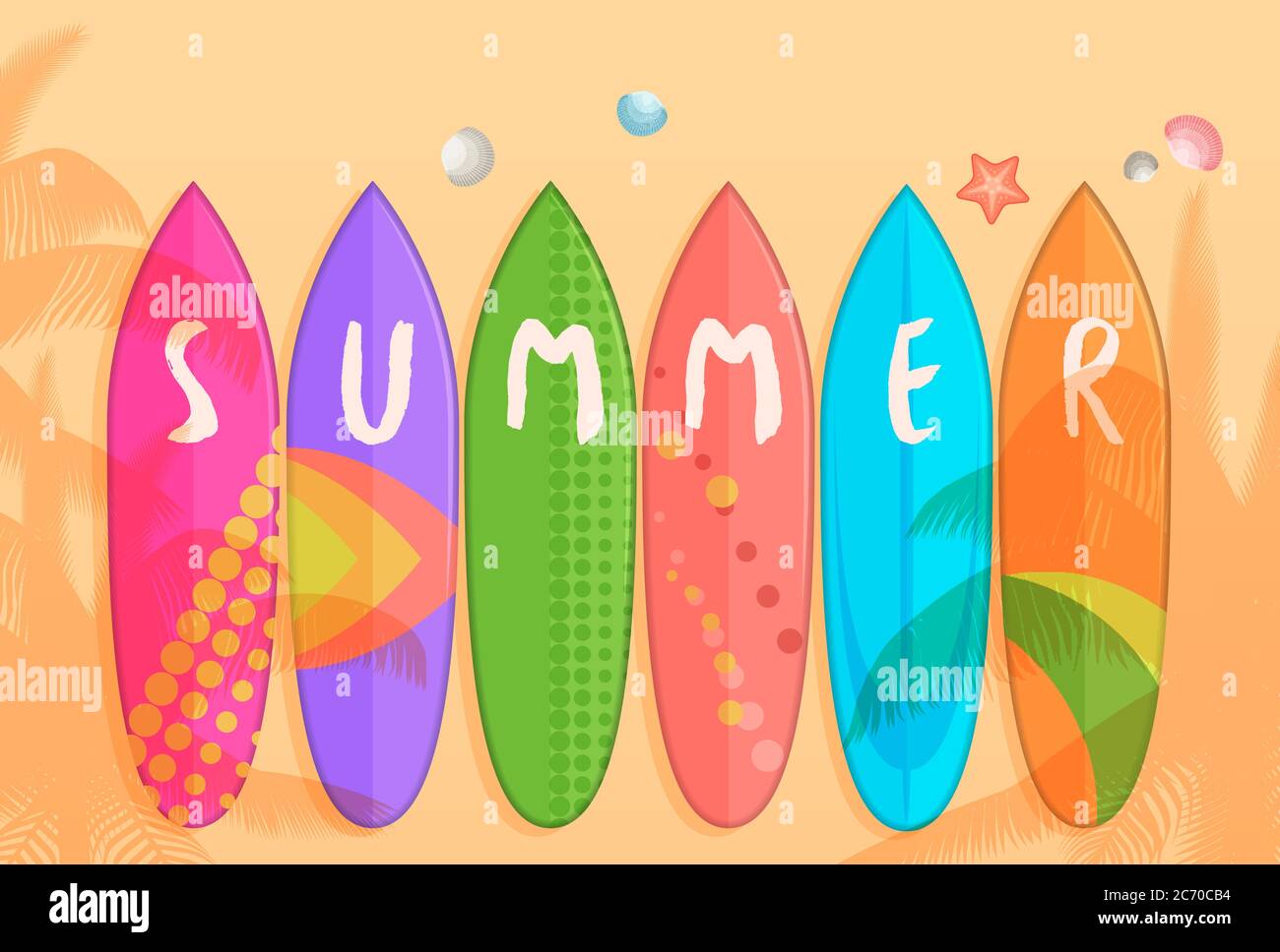 Vector Surfboard Set isoliert auf Sand Strand Hintergrund. Vektorgrafik. Sommerposter Stock Vektor