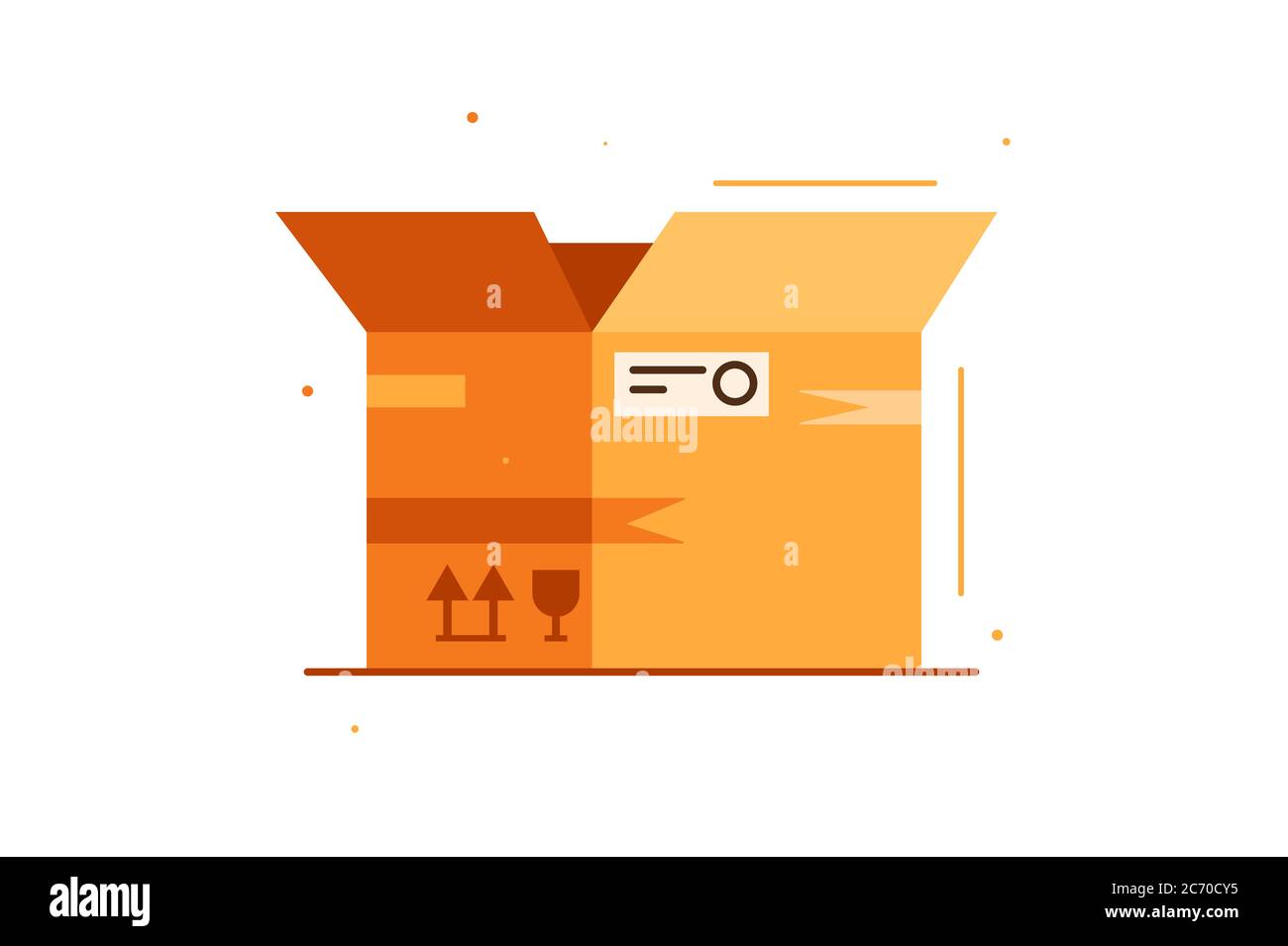 Offener brauner Karton mit Stempel und Adresse, flache Vektorgrafik isoliert auf weißem Hintergrund. Stockfoto