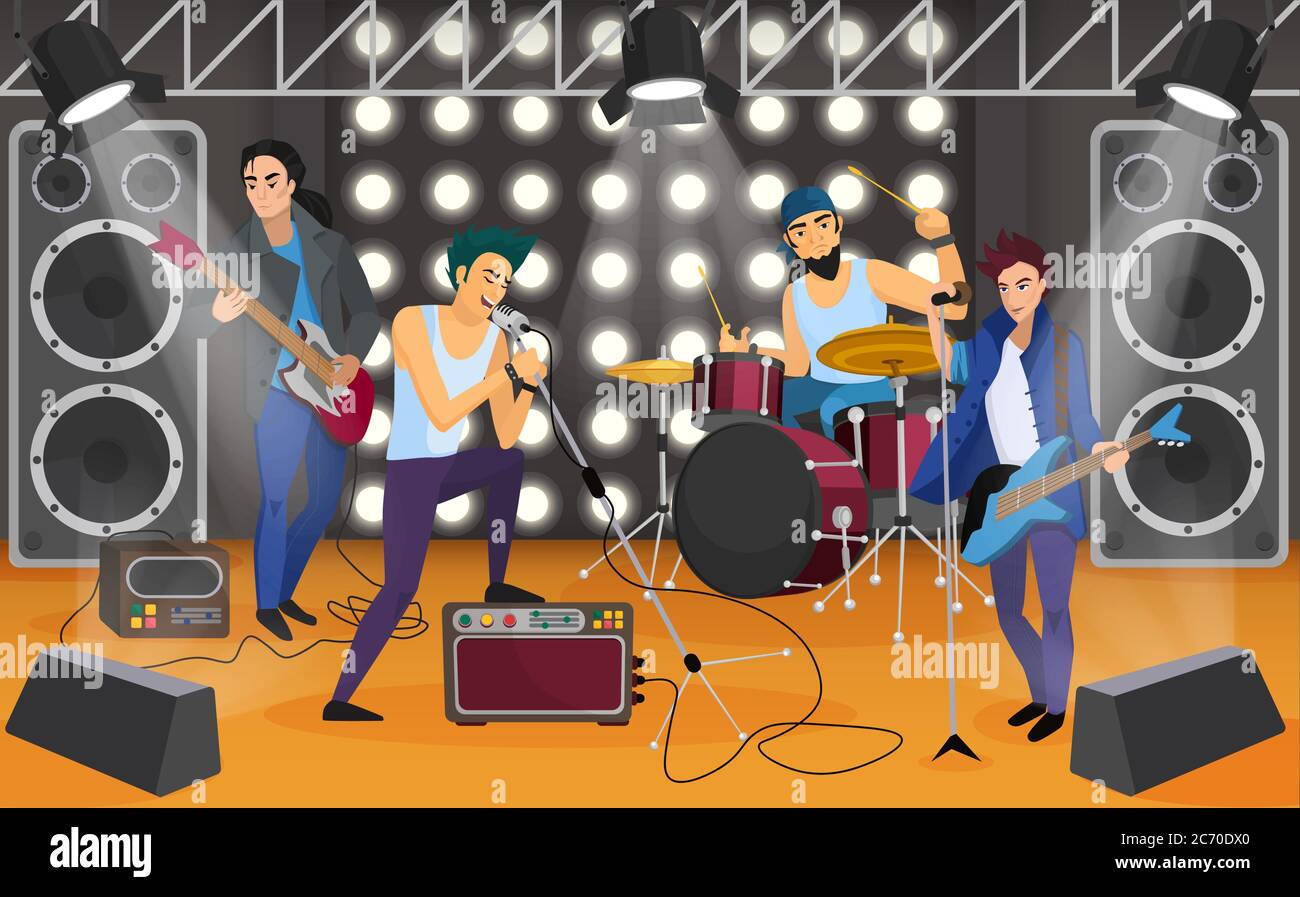 Rockband auf der Bühne. Musikalische Gruppe Cartoon Vektor Illustration Stock Vektor