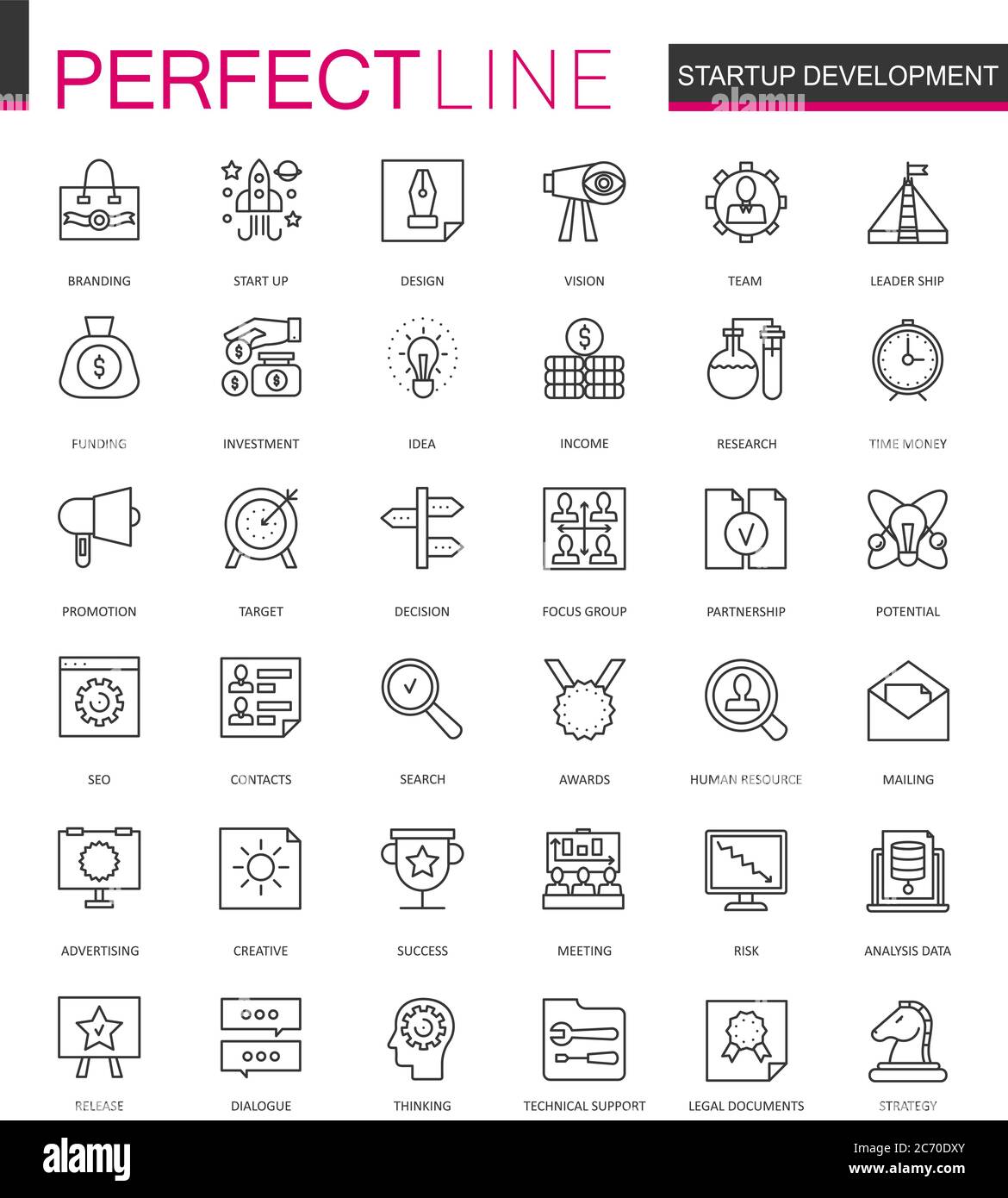 Start-up und Entwicklung Thin Line Web-Symbole gesetzt. Modernes Business-Outline-Design mit Strichikonen Stock Vektor