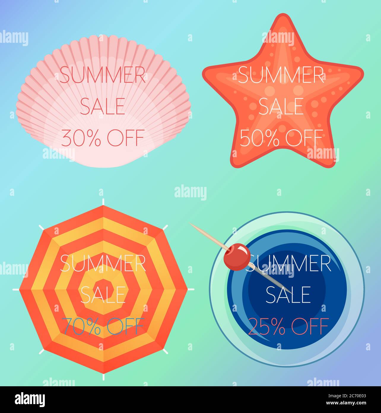 Set von Vektor-Illustrationen des Sommerverkaufstextes auf einer Schale, Stern, Regenschirm und Cocktail. Draufsicht Stock Vektor