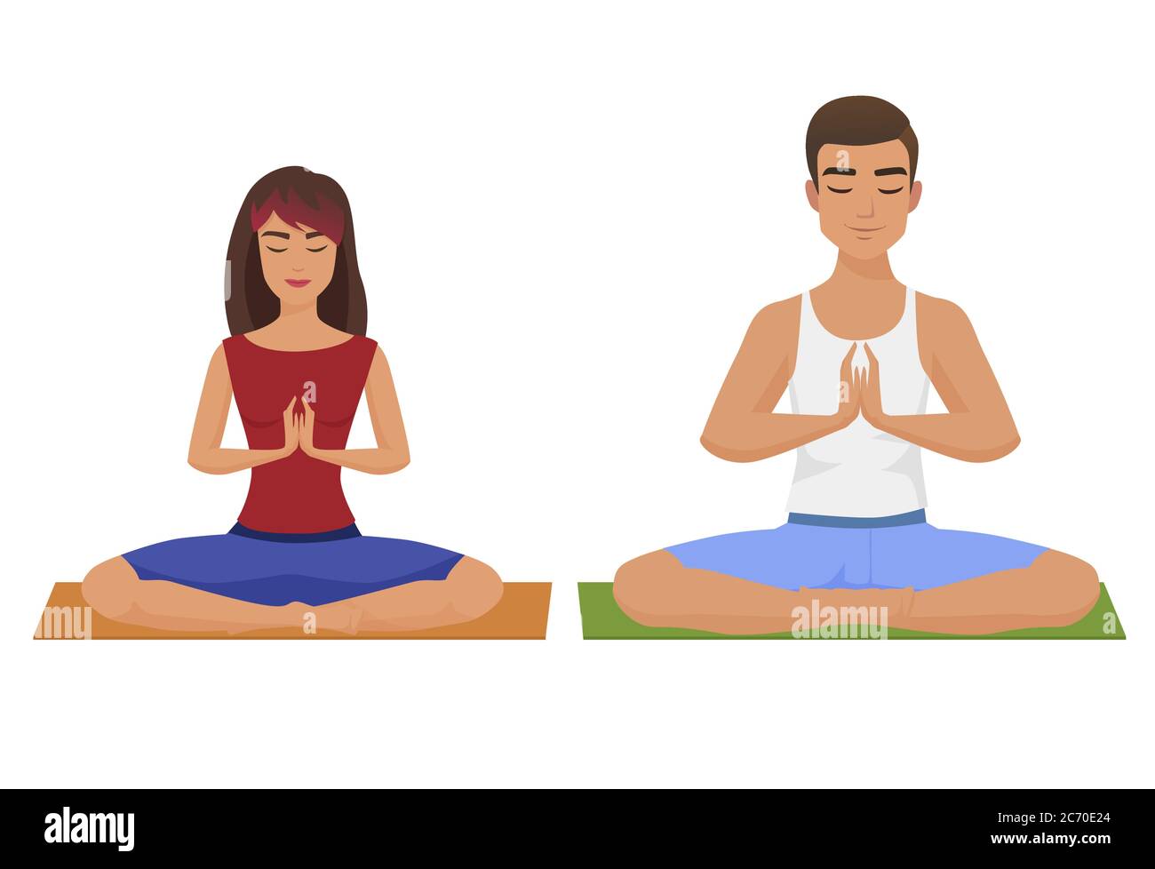 Paar Yoga Vektor Illustration. Mann und Frau Lotus Position isoliert Stock Vektor