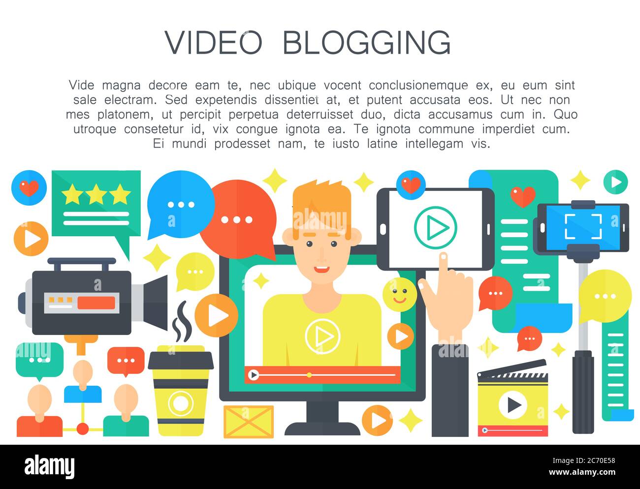 Video Blogger Cartoon flach Konzept. Computerbildschirm mit männlichen Blogger. Persönliche Blogging Kanal Rundfunk Vektor Illustration Stock Vektor