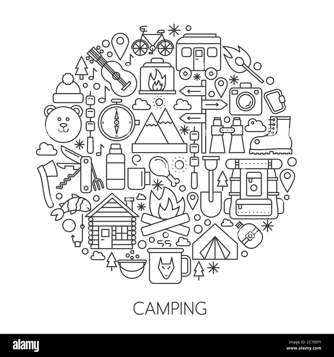 Camping, Wandern Werkzeuge und Ausrüstung im Kreis - Konzept Linie Vektor Illustration für Abdeckung, Emblem, Abzeichen. Symbole für Umrisse festgelegt Stock Vektor