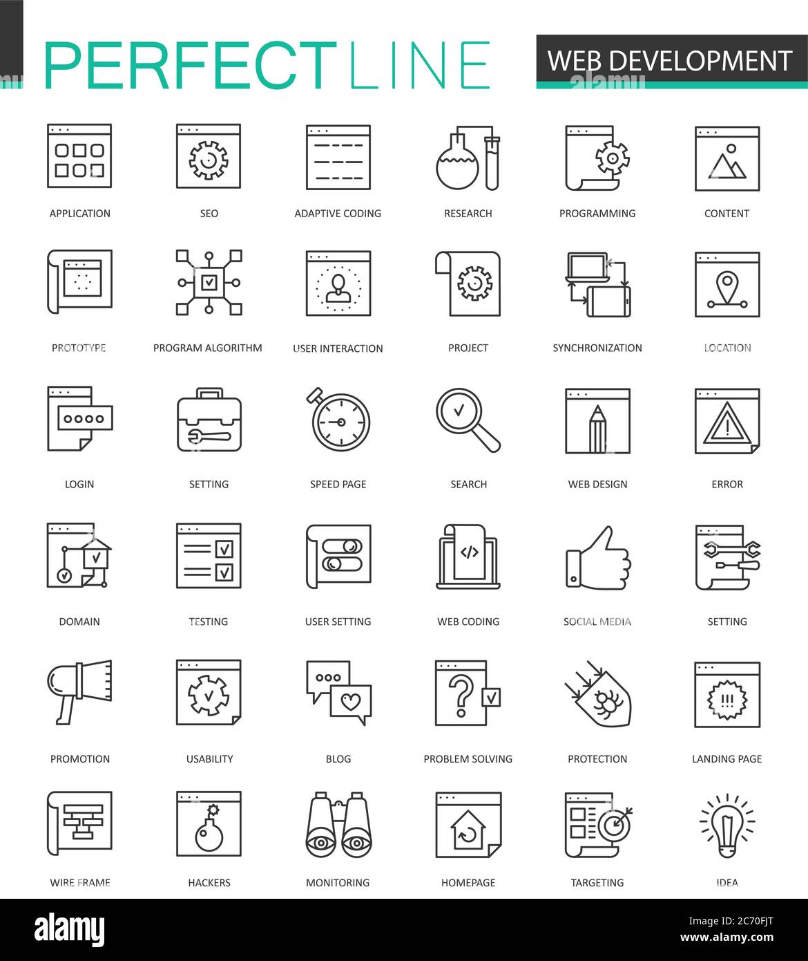 Web-Entwicklung dünne Linie Web-Symbole gesetzt. SEO Online-Shopping Gliederung Schlaganfall Symbol Design Stock Vektor