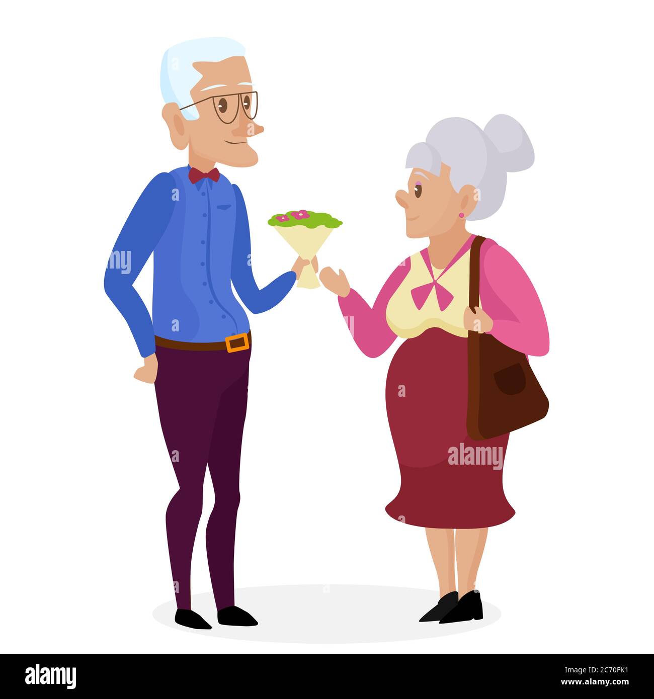 Glückliche Großeltern. Vektorgrafik Cartoon-Illustration. Großeltern Tag. Opa und Oma stehen in voller Länge lächelnd. Ein älteres Paar. Liebe. Stock Vektor
