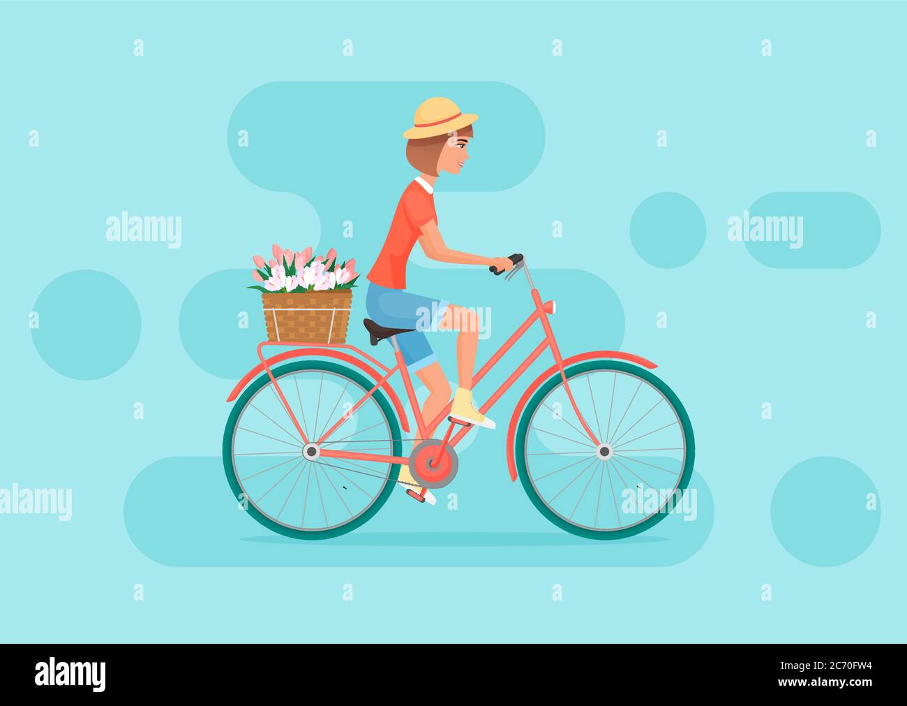 Vektor weibliche Charakter Design Fahrrad fahren. Junge hübsche Frau auf dem Fahrrad mit Blumen Stock Vektor