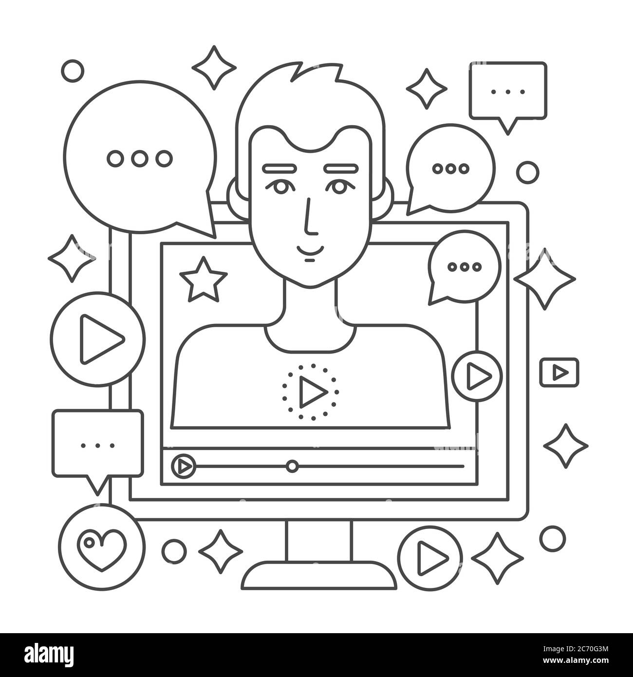 Video Blogger Thin line Web Konzept. Computerbildschirm mit männlichen Blogger. Persönliche Blogging Kanal Rundfunk Umriss Schlaganfall Vektor Illustration Stock Vektor