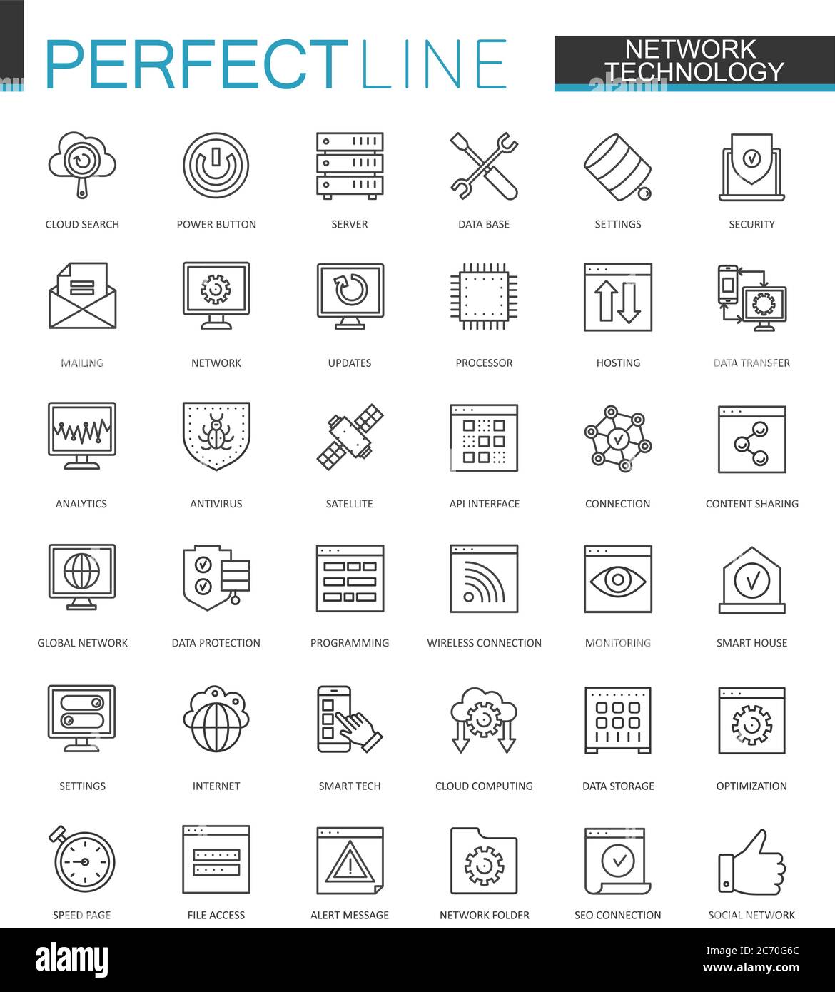 Netzwerk-Technologie Thin Line Web-Symbole gesetzt. Design von Big Data-Umrisssymbolen Stock Vektor